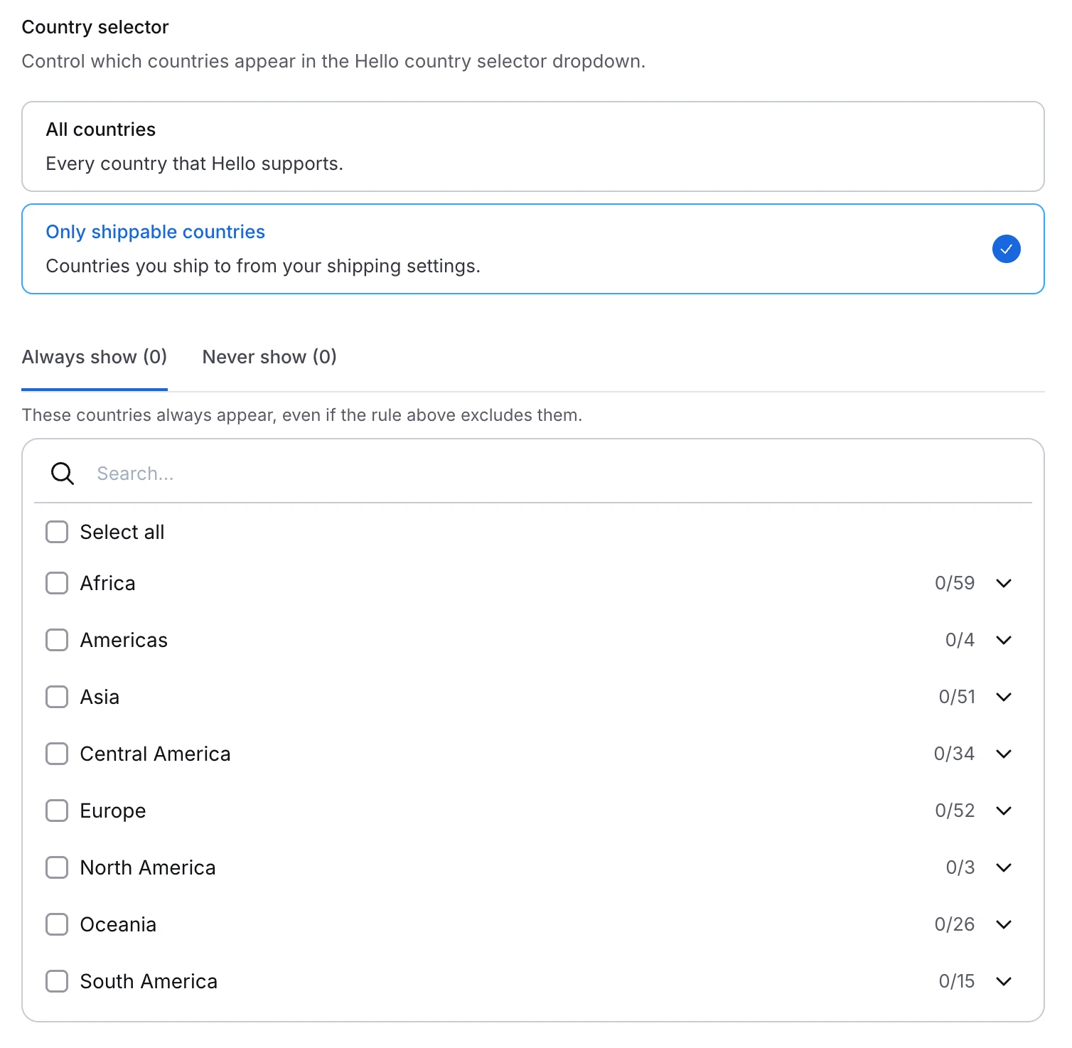 Hello country selector settings in Dashboard